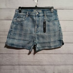 Tractr High Rise Denim Shorts Womens 12/31 Indigo Blue Plaid Slim Fit Stretch